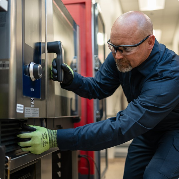 Technician servicing the door latch of a stainless steel commercial appliance